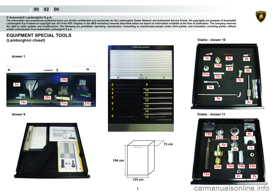 LAMBORGHINI MURCIÉLAGO 2009  Service Repair Manual  I 
00    02    00
14c
6a
30c
31a
29b
31b
1
2
3
4
5
6
7
8
9
10
11
12
13
14
15
1a6b4b
3b2a15a
21a13c
5c
3c
7b
5a
13b21c21b
6c
7a4a
22b
13a
14a14b
2c5b
22a
3a
133 cm
194 cm
73 cm
® Automobili Lamborghi