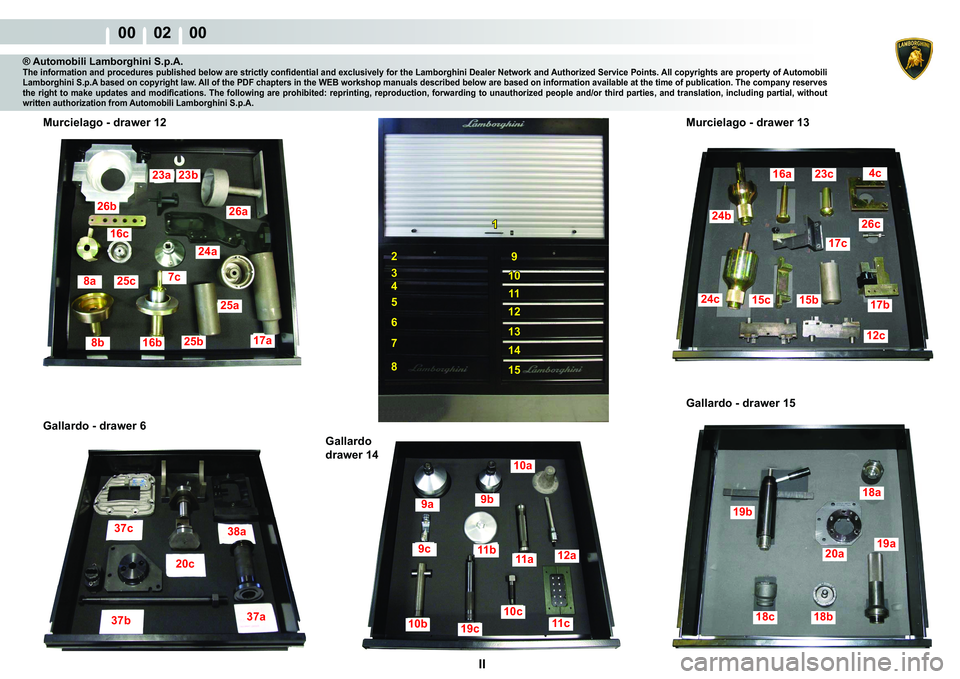 LAMBORGHINI MURCIÉLAGO 2009  Service Repair Manual II
00    02    00
37c38a
37b 37a37c38a
37b 37a
20c
1
2
3
4
5
6
7
8
9
10
11
12
13
14
15
9a9b
10a
12a11a11b9c
10c
11c19c10b
19b
18a
20a
18b18c
19a
23a23b
26b
16c
8a25c7c
24a
26a
25a
17a25b16b8b
24b
16a2