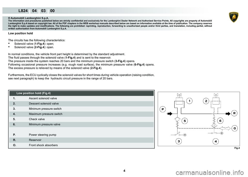LAMBORGHINI MURCIÉLAGO 2009  Service Repair Manual 4
L824    04    03    00
Fig.4
® Automobili Lamborghini S.p.A.�7�K�H��L�Q�I�R�U�P�D�W�L�R�Q��D�Q�G��S�U�R�F�H�G�X�U�H�V��S�X�E�O�L�V�K�H�G��E�H�O�R�Z��D�U�H��V�W�U�L�F�W�O�\��F�R�Q�¿�G�H�Q�W