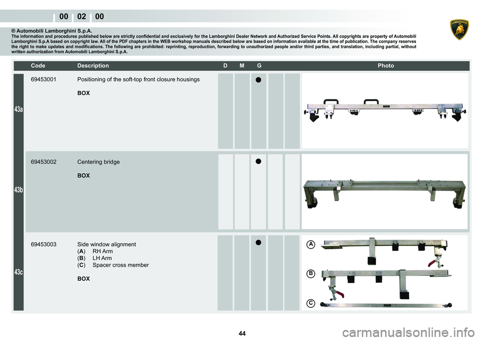 LAMBORGHINI MURCIÉLAGO 2009  Service Repair Manual  44 
00    02    00
A
�%
�&
43a
43b
43c
�&�R�G�H� ��H�V�F�U�L�S�W�L�R�Q� �� �0� �*� � � �3�K�R�W�R
® Automobili Lamborghini S.p.A.�7�K�H��L�Q�I�R�U�P�D�W�L�R�Q��D�Q�G��S�U�R�F�H�G�X�U�H�V