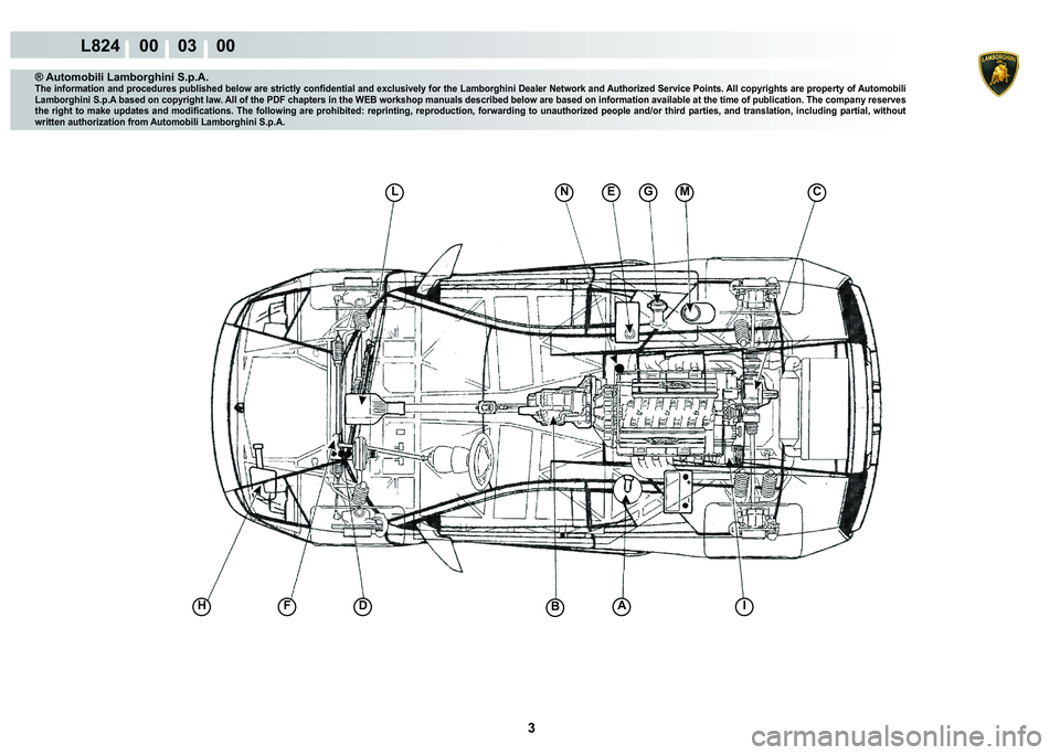 LAMBORGHINI MURCIÉLAGO 2009  Service Repair Manual 3
L824    00    03    00
CMG�(L
AI�%��)H
�1
® Automobili Lamborghini S.p.A.
�7�K�H��L�Q�I�R�U�P�D�W�L�R�Q��D�Q�G��S�U�R�F�H�G�X�U�H�V��S�X�E�O�L�V�K�H�G��E�H�O�R�Z��D�U�H��V�W�U�L�F�W�O�\��F