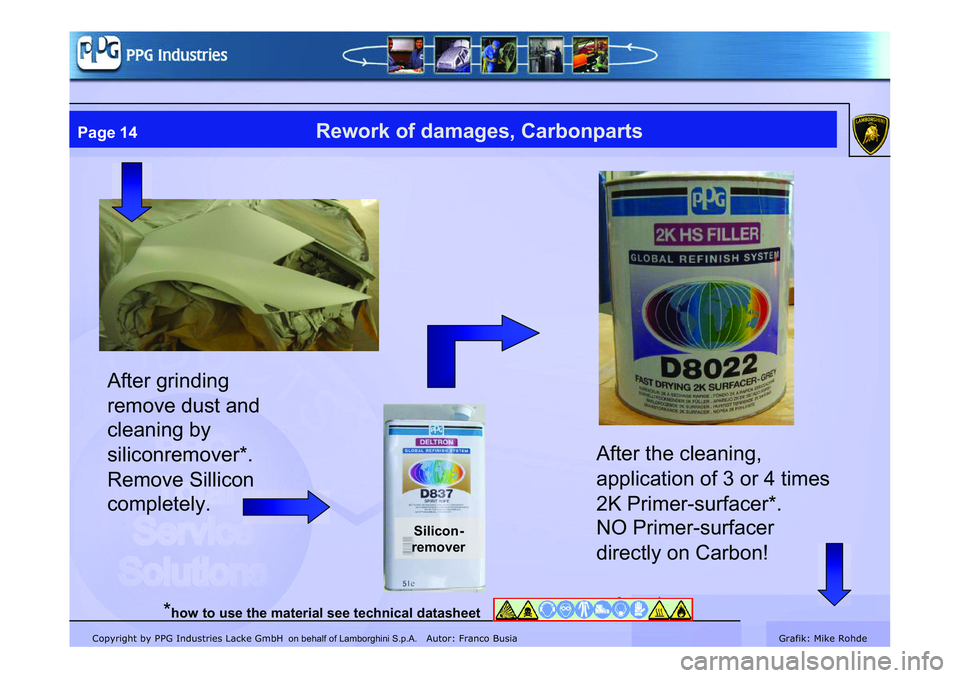 LAMBORGHINI MURCIÉLAGO 2009  Service Repair Manual Copyright by PPG Industries Lacke GmbH Autor: Franco BusiaGrafik: Mike Rohde
Page 14Rework of damages, Carbonparts
Silicon-
remover
After grinding 
remove dust and 
cleaning by 
siliconremover*. 
Remo