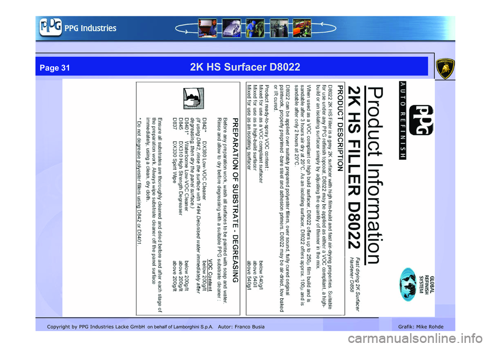 LAMBORGHINI MURCIÉLAGO 2009  Service Repair Manual Copyright by PPG Industries Lacke GmbH Autor: Franco BusiaGrafik: Mike Rohde
2K HS Surfacer D8022Page 31
on behalf of Lamborghini S.p.A.   