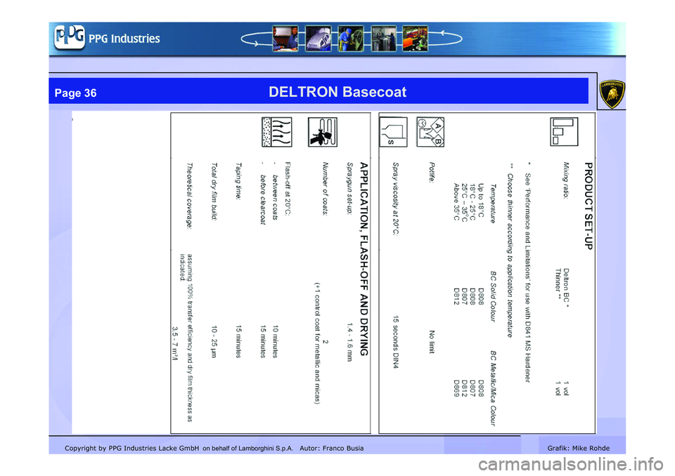 LAMBORGHINI MURCIÉLAGO 2009  Service Repair Manual Copyright by PPG Industries Lacke GmbH Autor: Franco BusiaGrafik: Mike Rohde
DELTRON BasecoatPage 36
on behalf of Lamborghini S.p.A.   