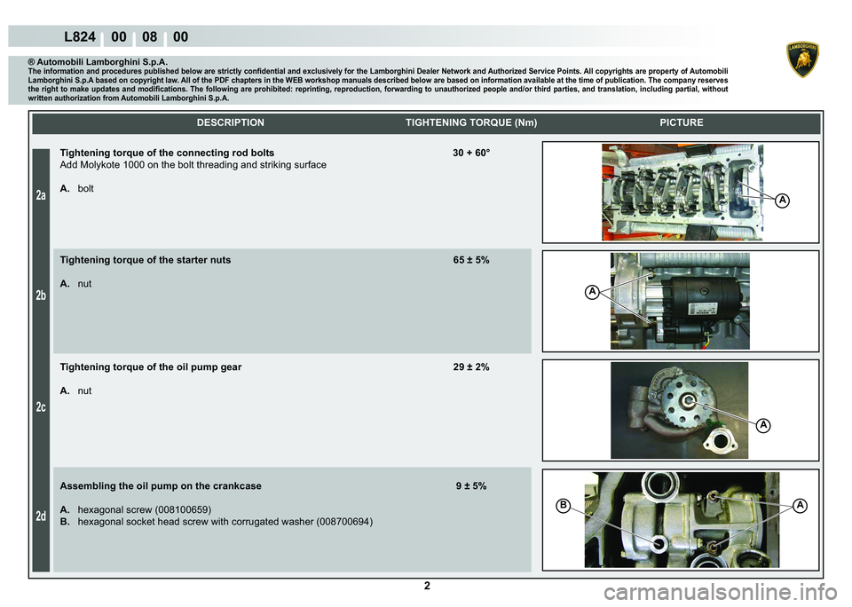 LAMBORGHINI MURCIÉLAGO 2009  Service Repair Manual 2
2a
2b
2c
2d
L824    00    08    00
A
A
A
BA
    
DESCRIPTION TIGHTENING TORQUE (Nm) PICTURE
® Automobili Lamborghini S.p.A.�7�K�H��L�Q�I�R�U�P�D�W�L�R�Q��D�Q�G��S�U�R�F�H�G�X�U�H�V��S�X�E�O�L�V
