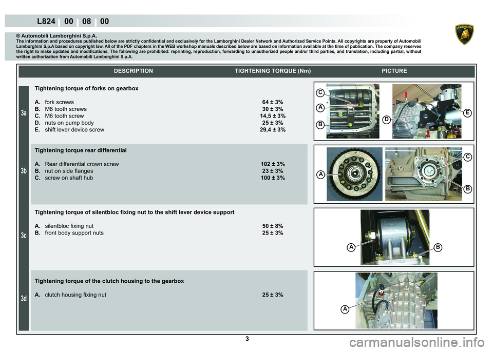 LAMBORGHINI MURCIÉLAGO 2009  Service Repair Manual ���
��D
��E
��F
��G
L824    00    08    00
C
A
BD
E
A
C
B
BA
A
    
DESCRIPTION TIGHTENING TORQUE (Nm) PICTURE
® Automobili Lamborghini S.p.A.�7�K�H��L�Q�I�R�U�P�D�W�L�R�Q��D�Q�G��S�U�R�F�H