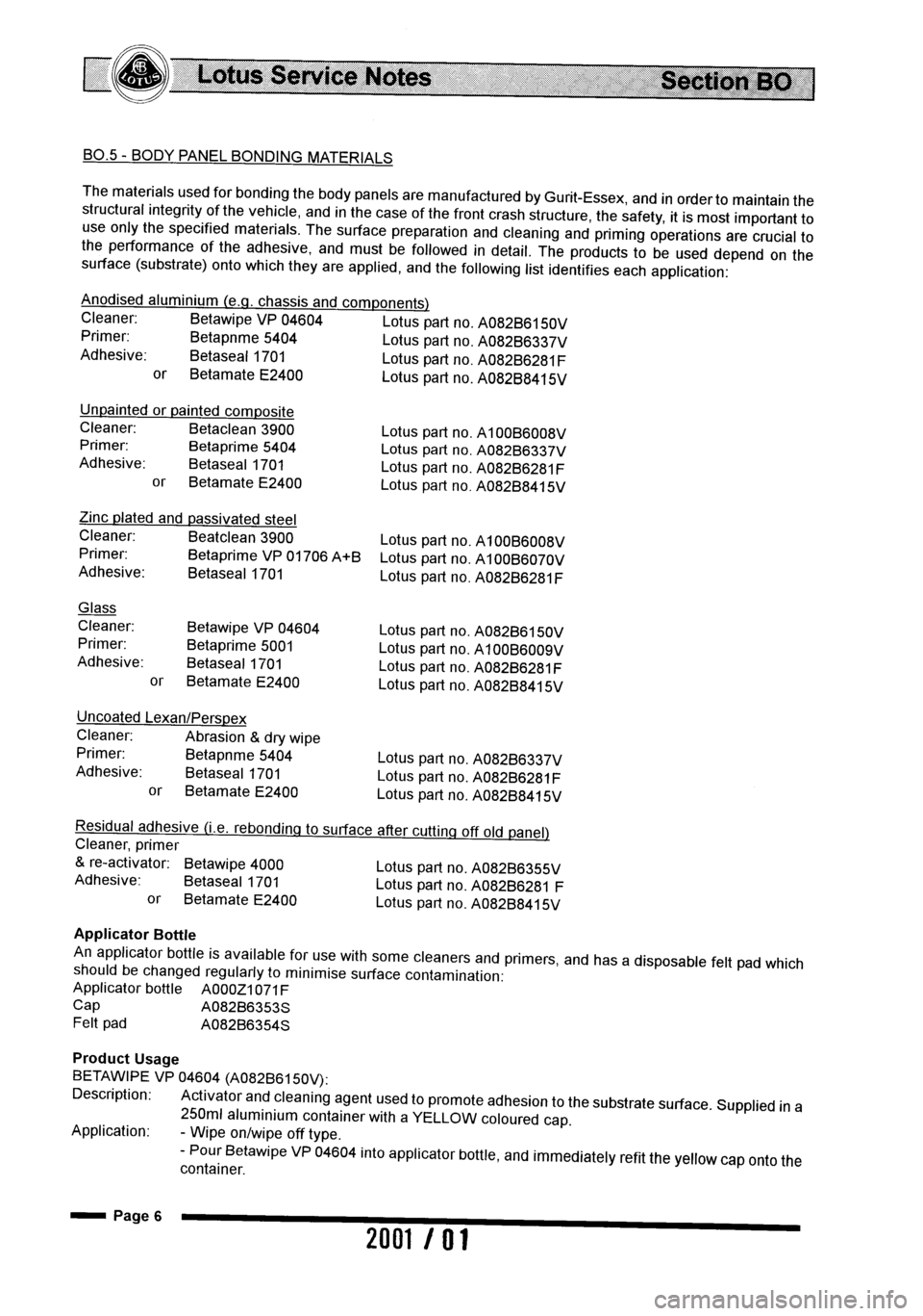LOTUS ELISE 2001  Service Repair Manual 