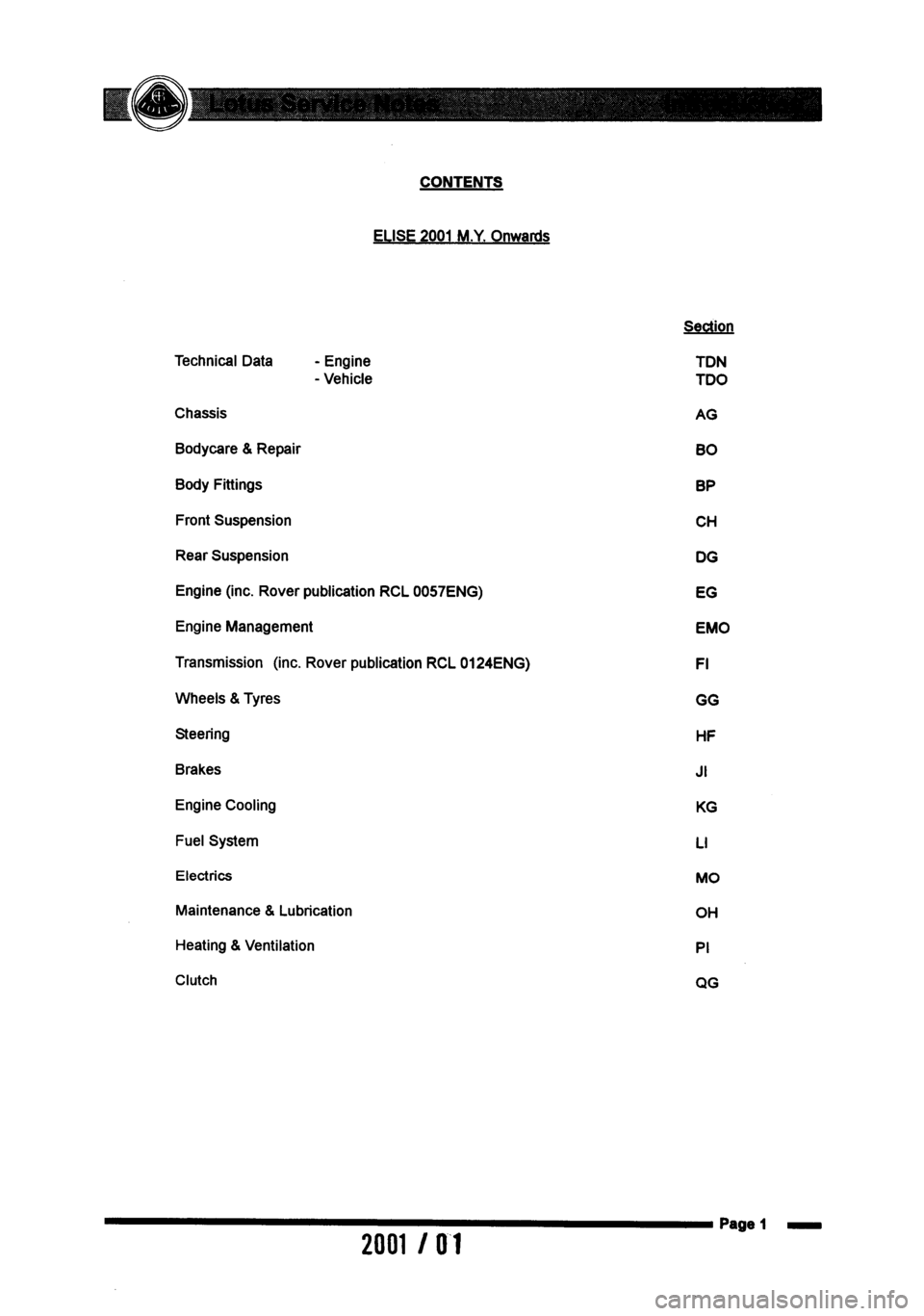 LOTUS ELISE 2001  Service Repair Manual 