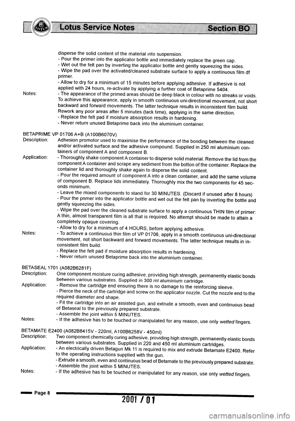 LOTUS ELISE 2001  Service Repair Manual 
