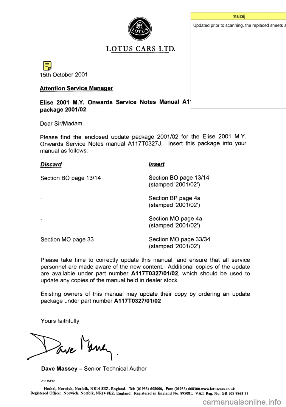 LOTUS ELISE 2001  Service Repair Manual 