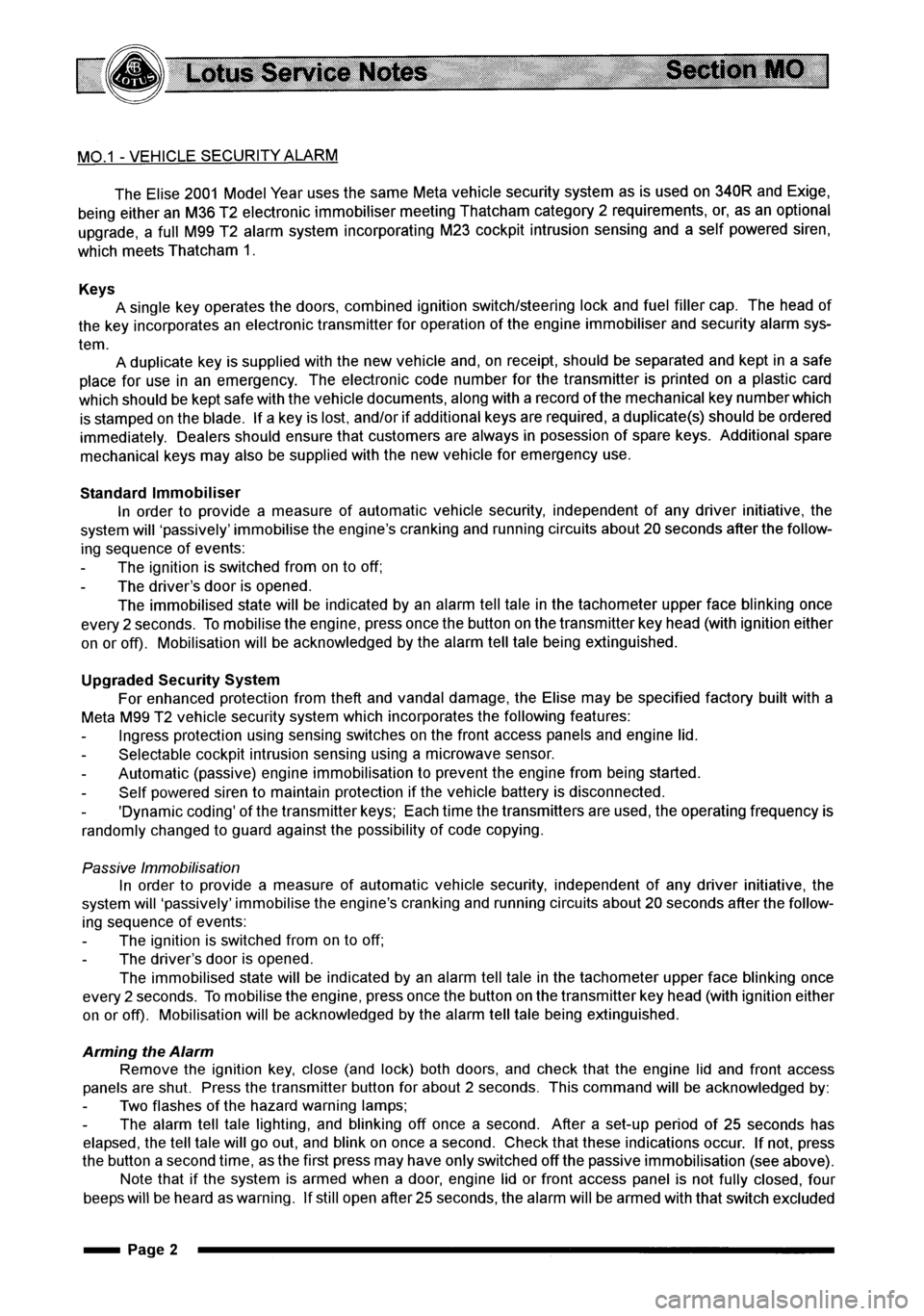 LOTUS ELISE 2001  Service Repair Manual 