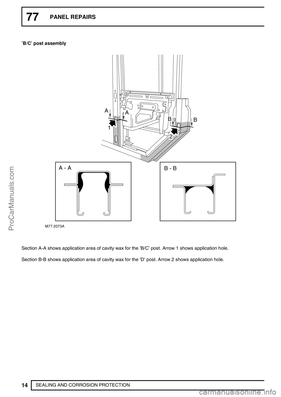 LAND ROVER DEFENDER 1999  Workshop Manual 77PANEL REPAIRS
14
SEALING AND CORROSION PROTECTION ’B/C’post assembly
1
M77 2073A
AA
BB
A - AB - B
2
Section A-A shows application area of cavity wax for the’B/C’post. Arrow 1 shows applicati