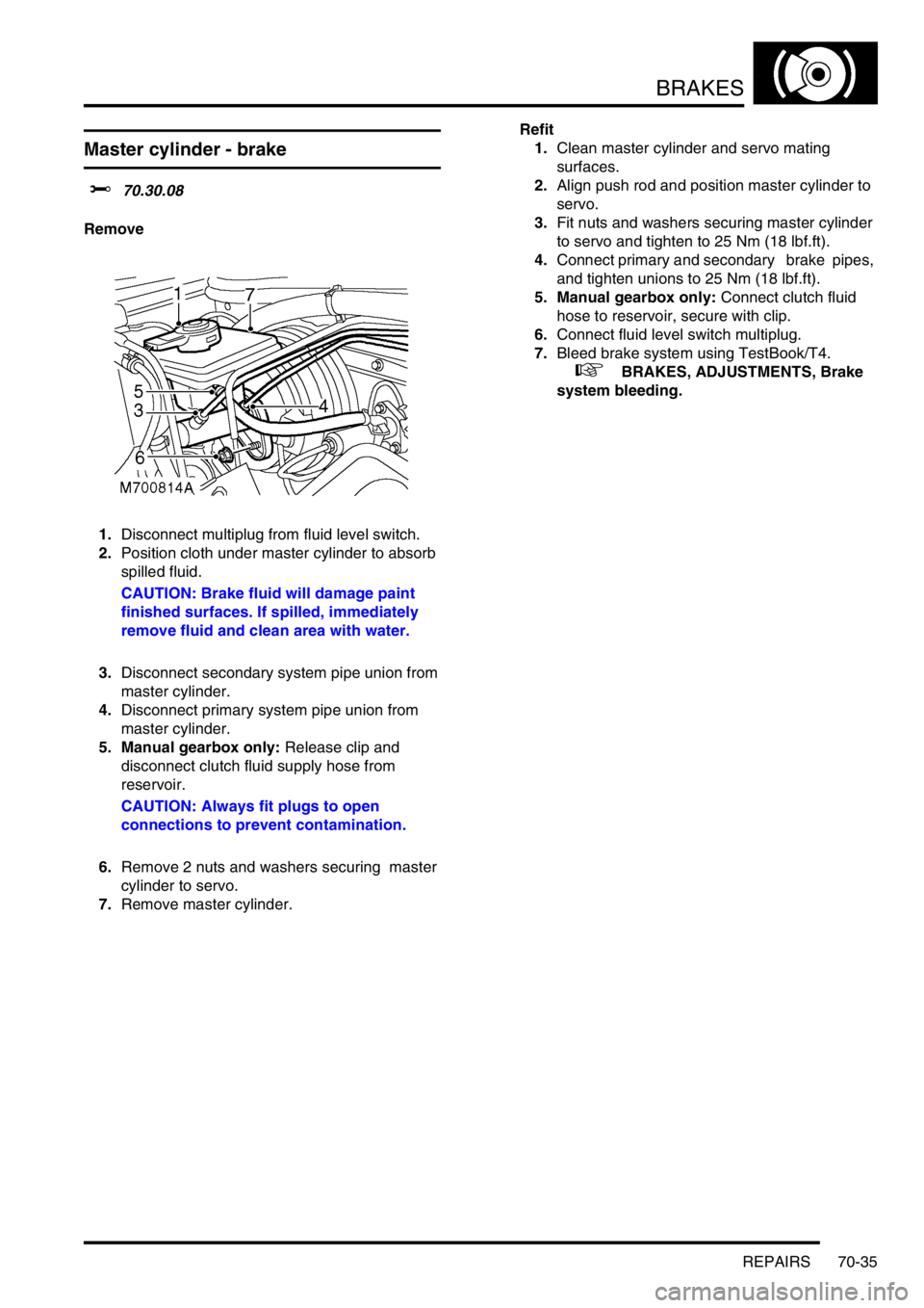 LAND ROVER DISCOVERY 2002  Workshop Manual BRAKES
REPAIRS 70-35
Master cylinder - brake  
$% 70.30.08 
Remove
1.Disconnect multiplug from fluid level switch. 
2.Position cloth under master cylinder to absorb 
spilled fluid. 
CAUTION: Brake flu