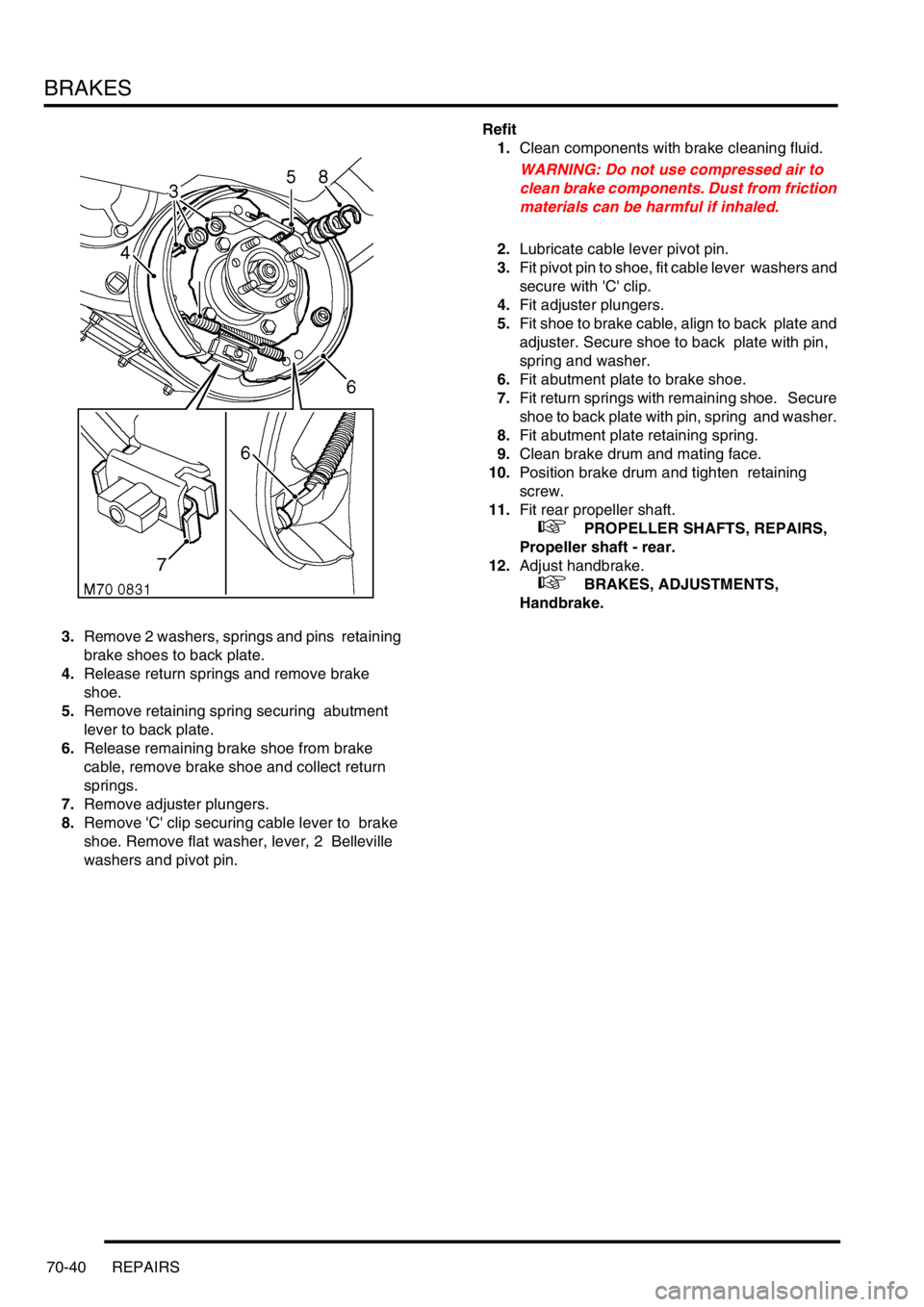 LAND ROVER DISCOVERY 2002  Workshop Manual BRAKES
70-40 REPAIRS
3.Remove 2 washers, springs and pins  retaining 
brake shoes to back plate. 
4.Release return springs and remove brake  
shoe. 
5.Remove retaining spring securing  abutment 
lever