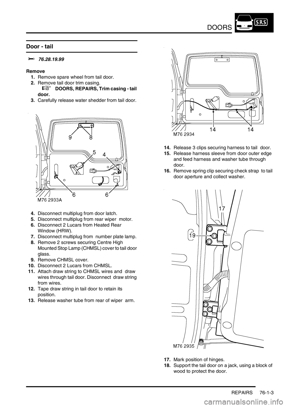 LAND ROVER DISCOVERY 2002  Workshop Manual DOORS
REPAIRS 76-1-3
Door - tail
$% 76.28.19.99 
Remove
1.Remove spare wheel from tail door. 
2.Remove tail door trim casing. 
 
 +   DOORS, REPAIRS, Trim casing - tail 
door.
3.Carefully release wate