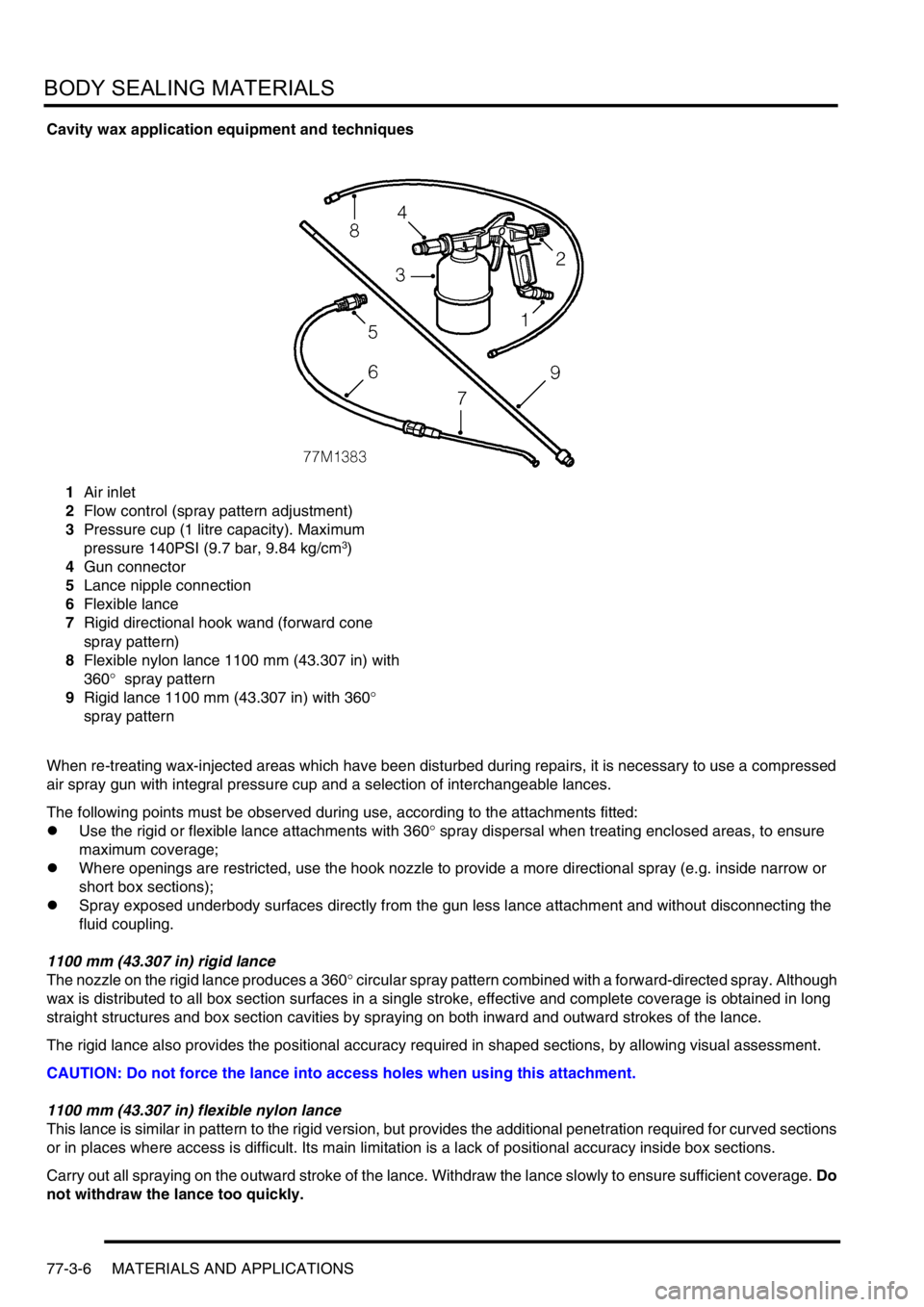 LAND ROVER DISCOVERY 2002  Workshop Manual BODY SEALING MATERIALS
77-3-6 MATERIALS AND APPLICATIONS
Cavity wax application equipment and techniques
1Air inlet
2Flow control (spray pattern adjustment)
3Pressure cup (1 litre capacity). Maximum 

