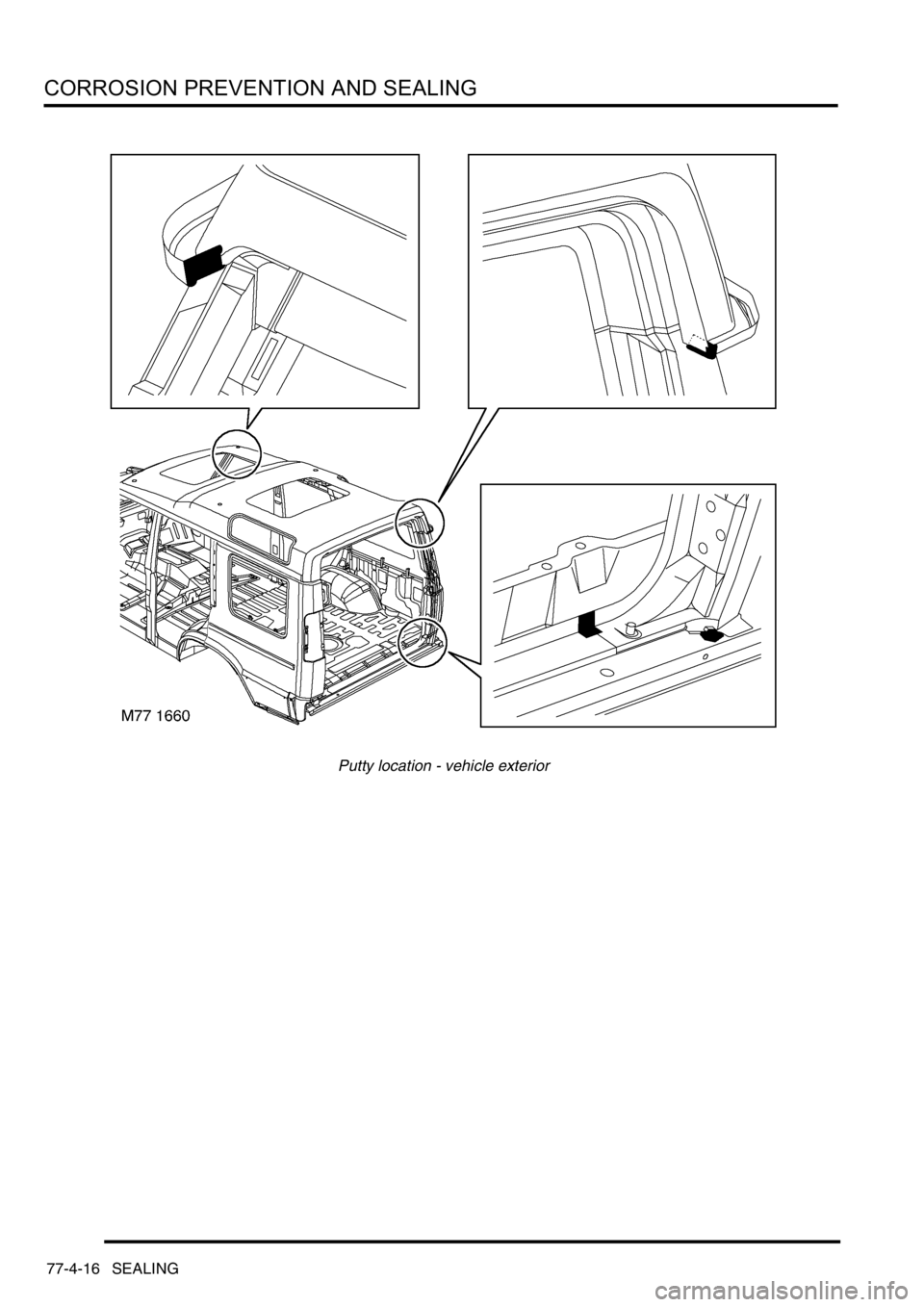 LAND ROVER DISCOVERY 2002  Workshop Manual CORROSION PREVENTION AND SEALING
77-4-16 SEALING
Putty location - vehicle exterior 