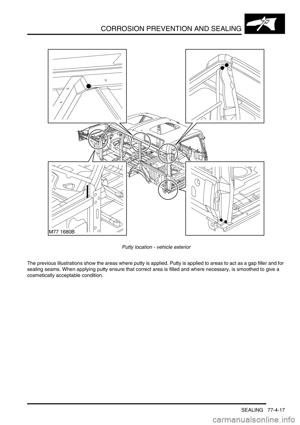 LAND ROVER DISCOVERY 2002  Workshop Manual CORROSION PREVENTION AND SEALING
SEALING 77-4-17
Putty location - vehicle exterior
The previous illustrations show the areas where putty is applied. Putty is applied to areas to act as a gap filler an