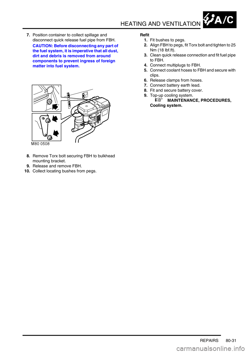 LAND ROVER DISCOVERY 2002  Workshop Manual HEATING AND VENTILATION
REPAIRS 80-31
7.Position container to collect spillage and 
disconnect quick release fuel pipe from FBH.
CAUTION: Before disconnecting any part of 
the fuel system, it is imper