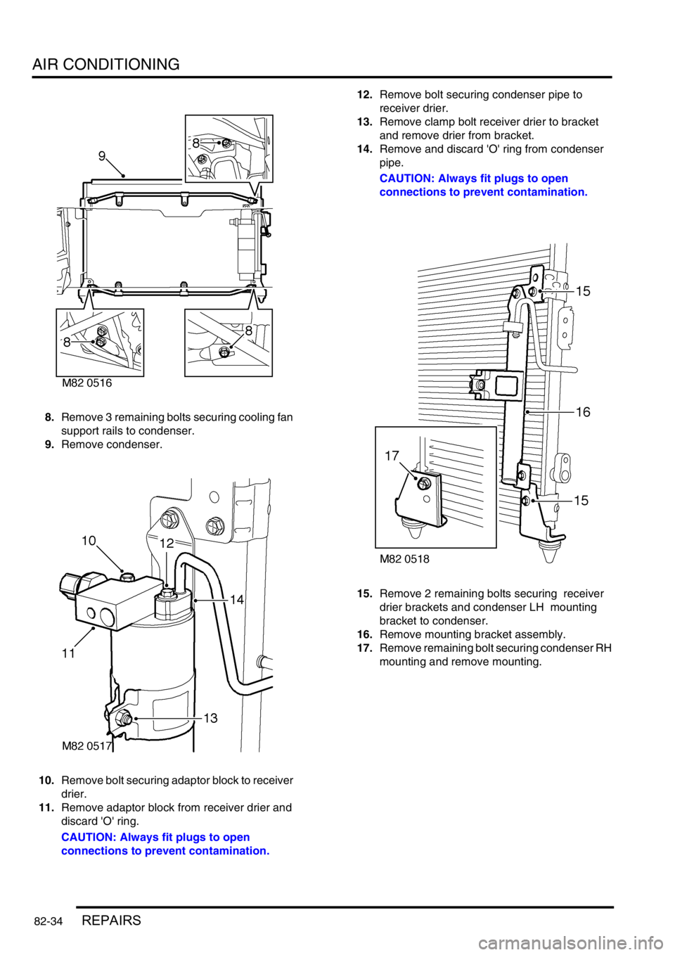 LAND ROVER DISCOVERY 2002  Workshop Manual AIR CONDITIONING
82-34REPAIRS
8.Remove 3 remaining bolts securing cooling fan 
support rails to condenser.  
9.Remove condenser. 
10.Remove bolt securing adaptor block to receiver 
drier. 
11.Remove a