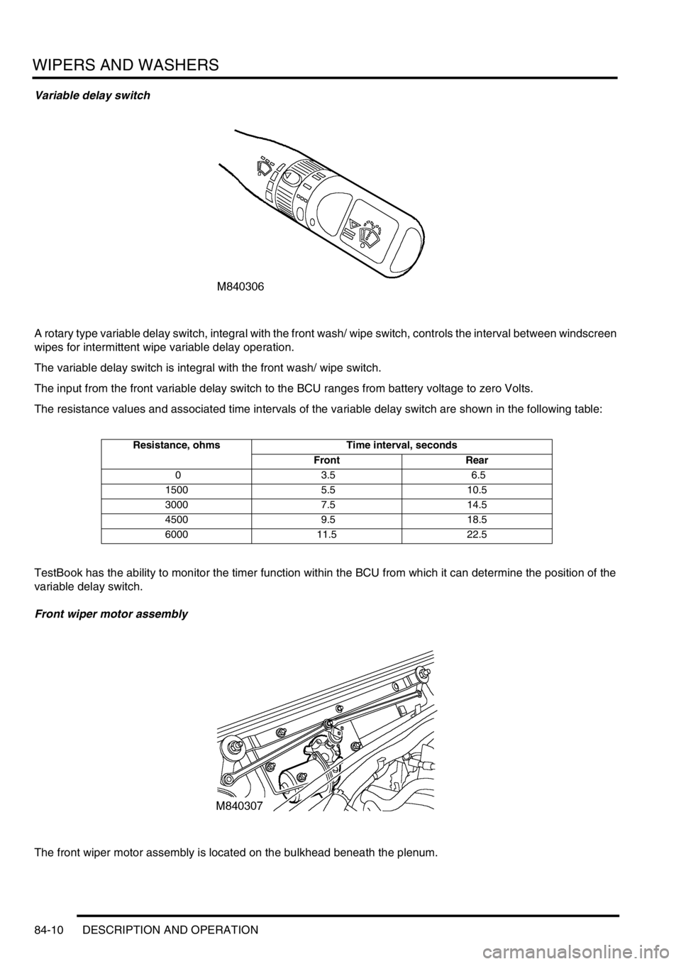 LAND ROVER DISCOVERY 2002  Workshop Manual WIPERS AND WASHERS
84-10 DESCRIPTION AND OPERATION
Variable delay switch
A rotary type variable delay switch, integral with the front wash/ wipe switch, controls the interval between windscreen 
wipes