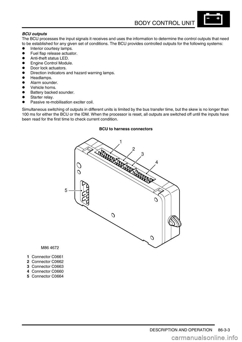 LAND ROVER DISCOVERY 2002  Workshop Manual BODY CONTROL UNIT
DESCRIPTION AND OPERATION 86-3-3
BCU outputs
The BCU processes the input signals it receives and uses the information to determine the control outputs that need 
to be established fo