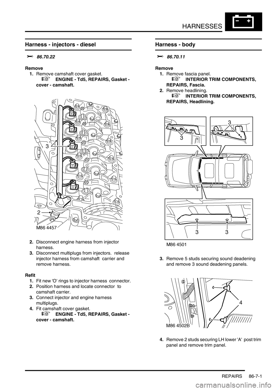 LAND ROVER DISCOVERY 2002  Workshop Manual HARNESSES
REPAIRS 86-7-1
HARNESSES REPAIRS
Harness - injectors - diesel 
$% 86.70.22 
Remove
1.Remove camshaft cover gasket. 
 
 +  ENGINE - Td5, REPAIRS, Gasket - 
cover - camshaft.
2.Disconnect engi