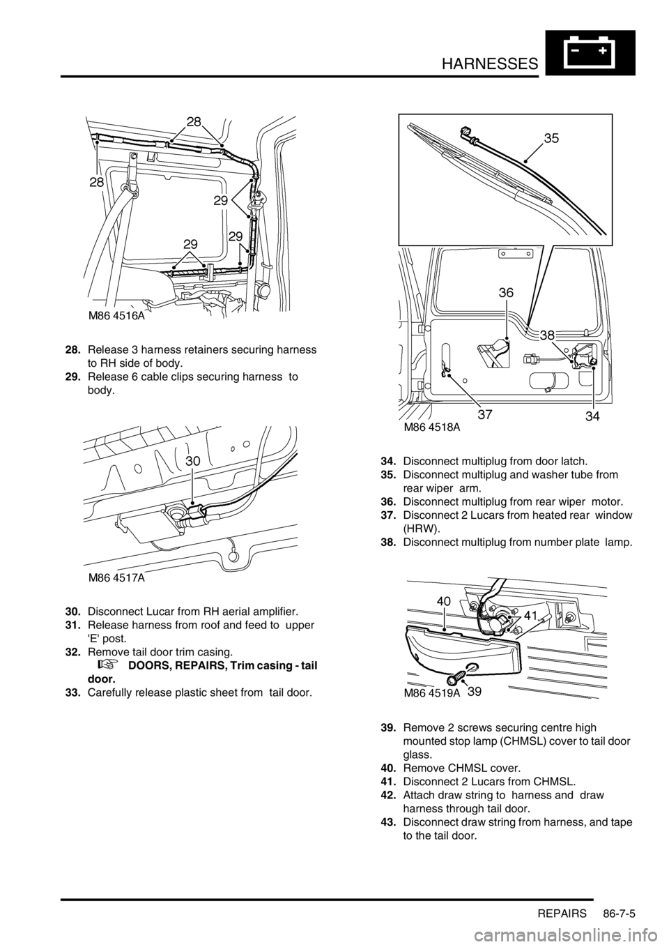 LAND ROVER DISCOVERY 2002  Workshop Manual HARNESSES
REPAIRS 86-7-5
28.Release 3 harness retainers securing harness 
to RH side of body. 
29.Release 6 cable clips securing harness  to 
body. 
30.Disconnect Lucar from RH aerial amplifier. 
31.R