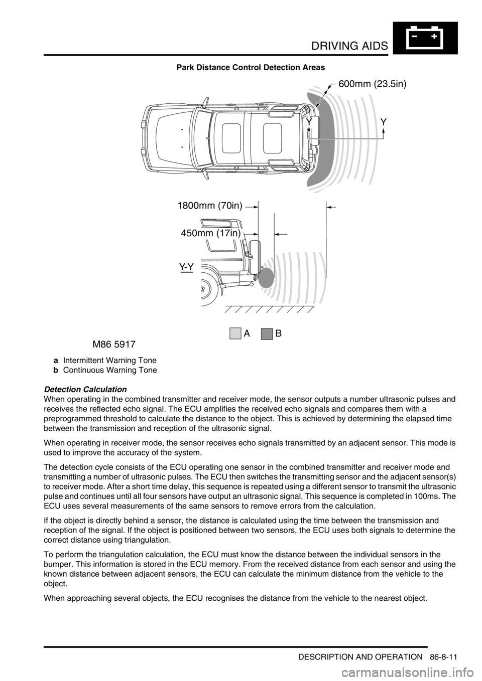 LAND ROVER DISCOVERY 2002  Workshop Manual DRIVING AIDS
DESCRIPTION AND OPERATION 86-8-11
Park Distance Control Detection Areas
aIntermittent Warning Tone
bContinuous Warning Tone
Detection Calculation
When operating in the combined transmitte