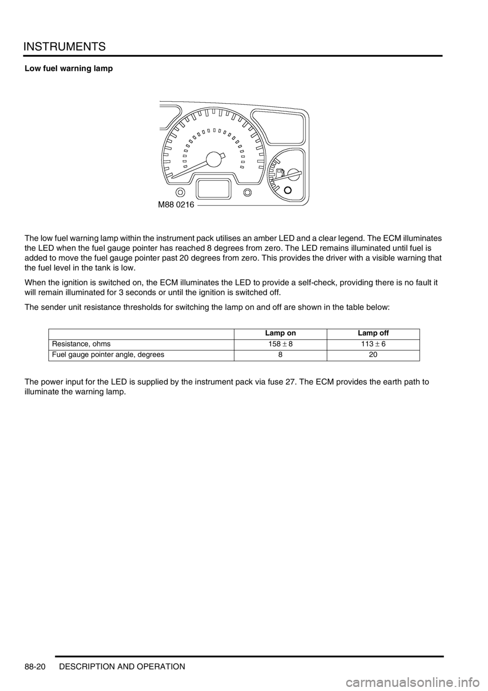 LAND ROVER DISCOVERY 2002  Workshop Manual INSTRUMENTS
88-20 DESCRIPTION AND OPERATION
Low fuel warning lamp
The low fuel warning lamp within the instrument pack utilises an amber LED and a clear legend. The ECM illuminates 
the LED when the f
