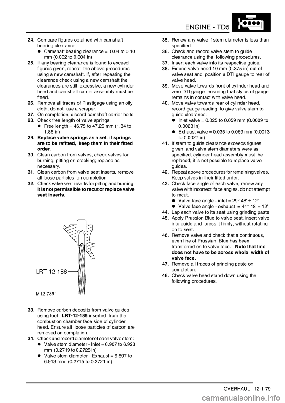 LAND ROVER DISCOVERY 2002  Workshop Manual ENGINE - TD5
OVERHAUL 12-1-79
24.Compare figures obtained with camshaft 
bearing clearance:   
lCamshaft bearing clearance =  0.04 to 0.10 
mm (0.002 to 0.004 in)
25.If any bearing clearance is found 