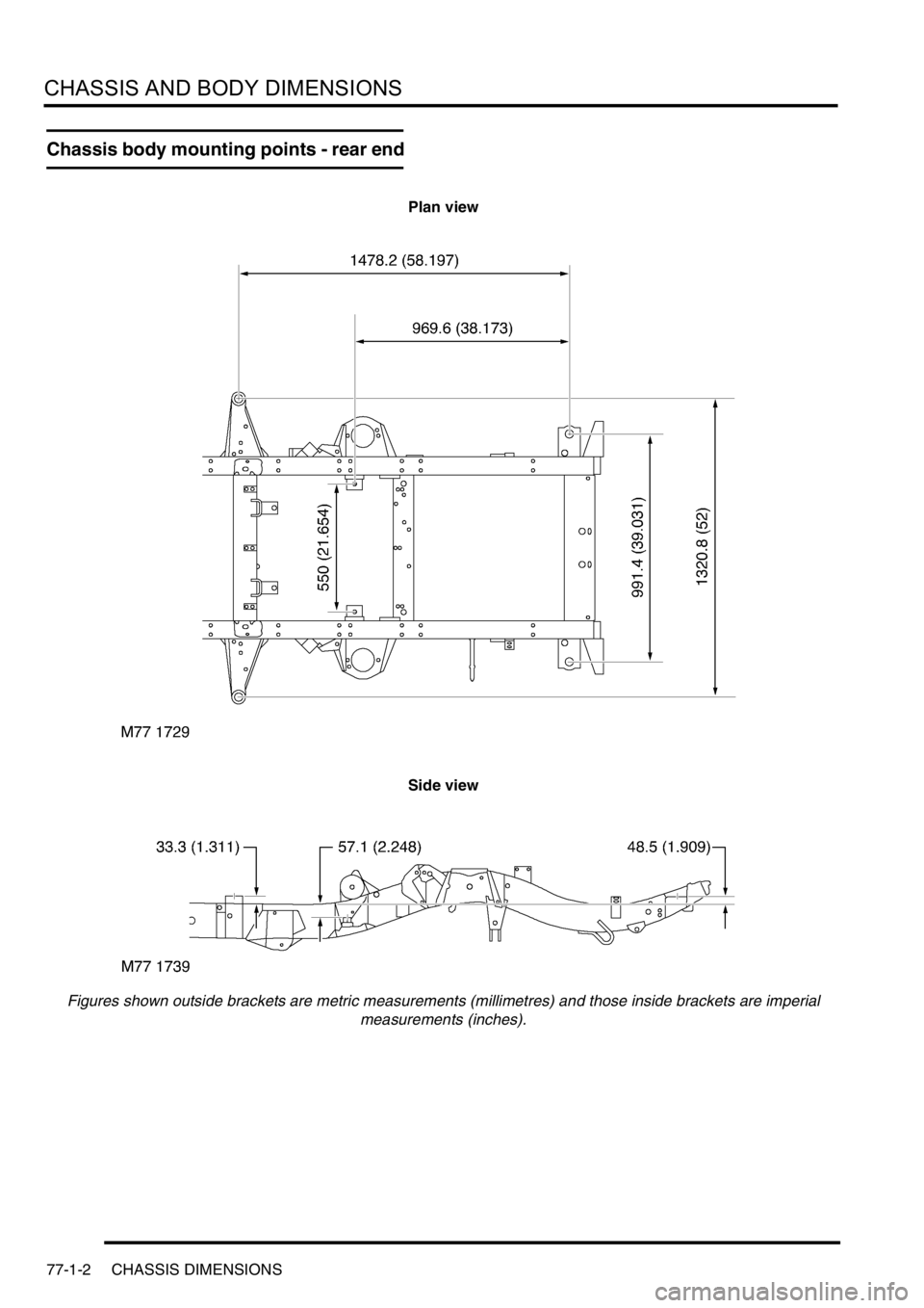 LAND ROVER DISCOVERY 1999  Workshop Manual CHASSIS AND BODY DIMENSIONS
77-1-2 CHASSIS DIMENSIONS
Chassis body mounting points - rear end
Plan view
Side view
Figures shown outside brackets are metric measurements (millimetres) and those inside 