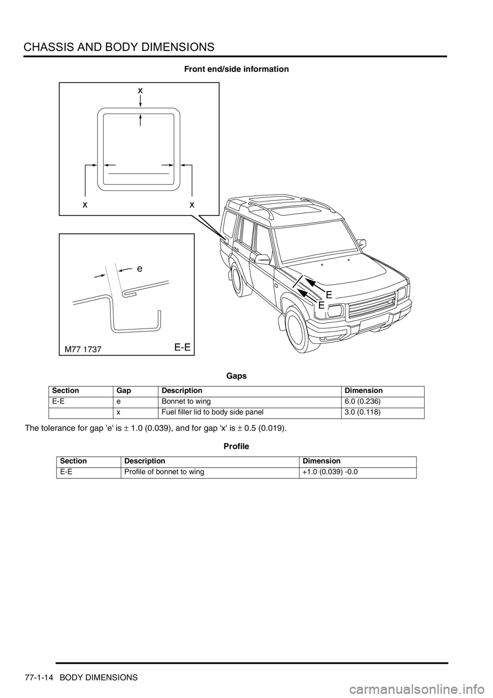 LAND ROVER DISCOVERY 1999  Workshop Manual CHASSIS AND BODY DIMENSIONS
77-1-14 BODY DIMENSIONS
Front end/side information
Gaps
The tolerance for gap e is ± 1.0 (0.039), and for gap x is ± 0.5 (0.019).
Profile
Section Gap Description Dime