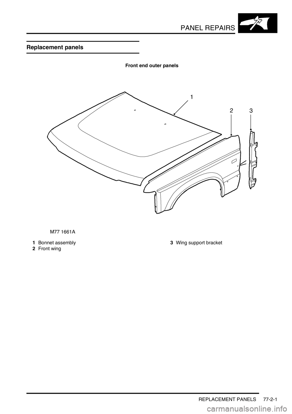 LAND ROVER DISCOVERY 1999  Workshop Manual PANEL REPAIRS
REPLACEMENT PANELS 77-2-1
PANEL REPAIRS REPLACE ME NT PA NELS
Replacement panels
Front end outer panels
1Bonnet assembly
2Front wing3Wing support bracket 