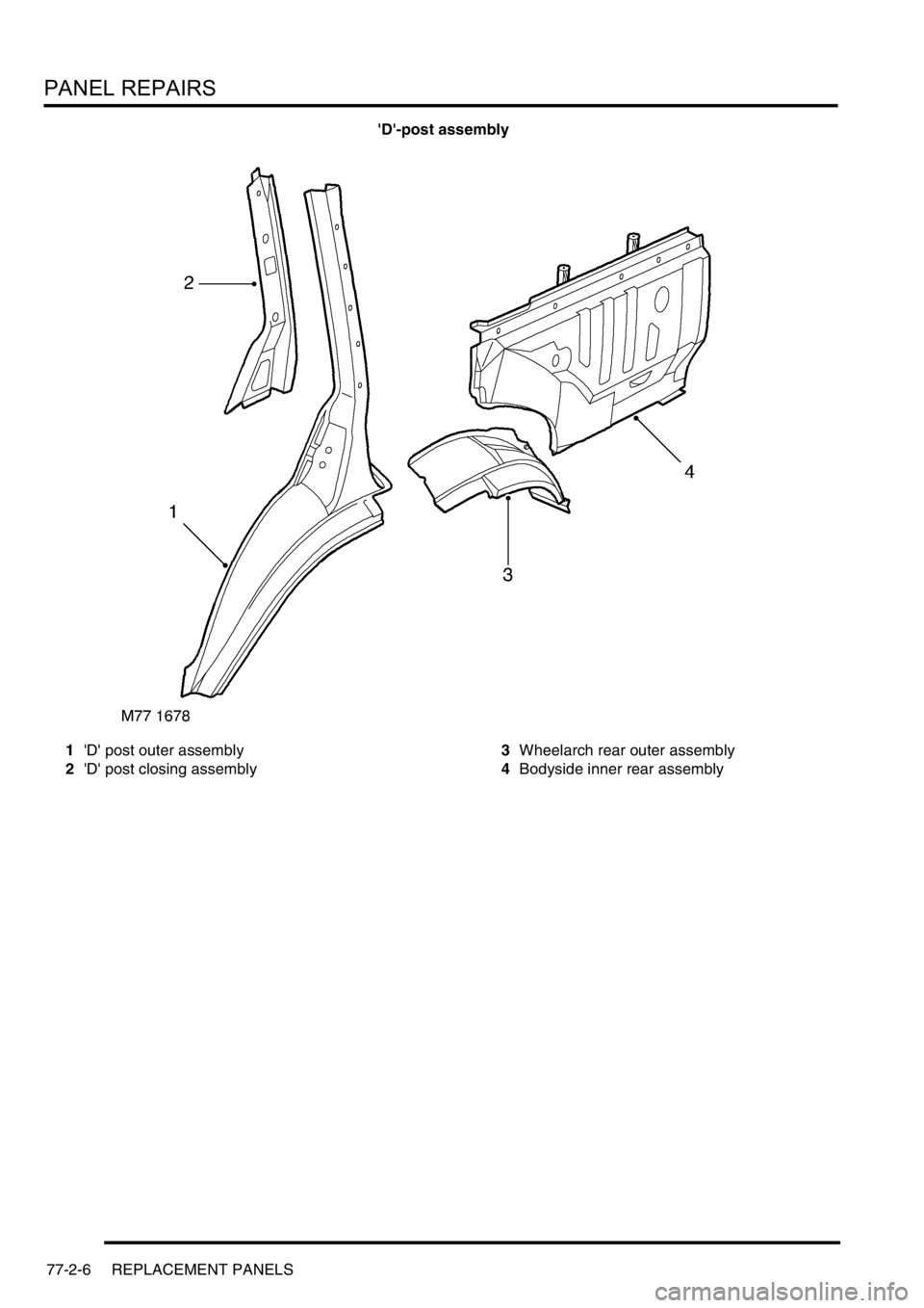 LAND ROVER DISCOVERY 1999  Workshop Manual PANEL REPAIRS
77-2-6 REPLACEMENT PANELS
D-post assembly
1D post outer assembly
2D post closing assembly3Wheelarch rear outer assembly
4Bodyside inner rear assembly 