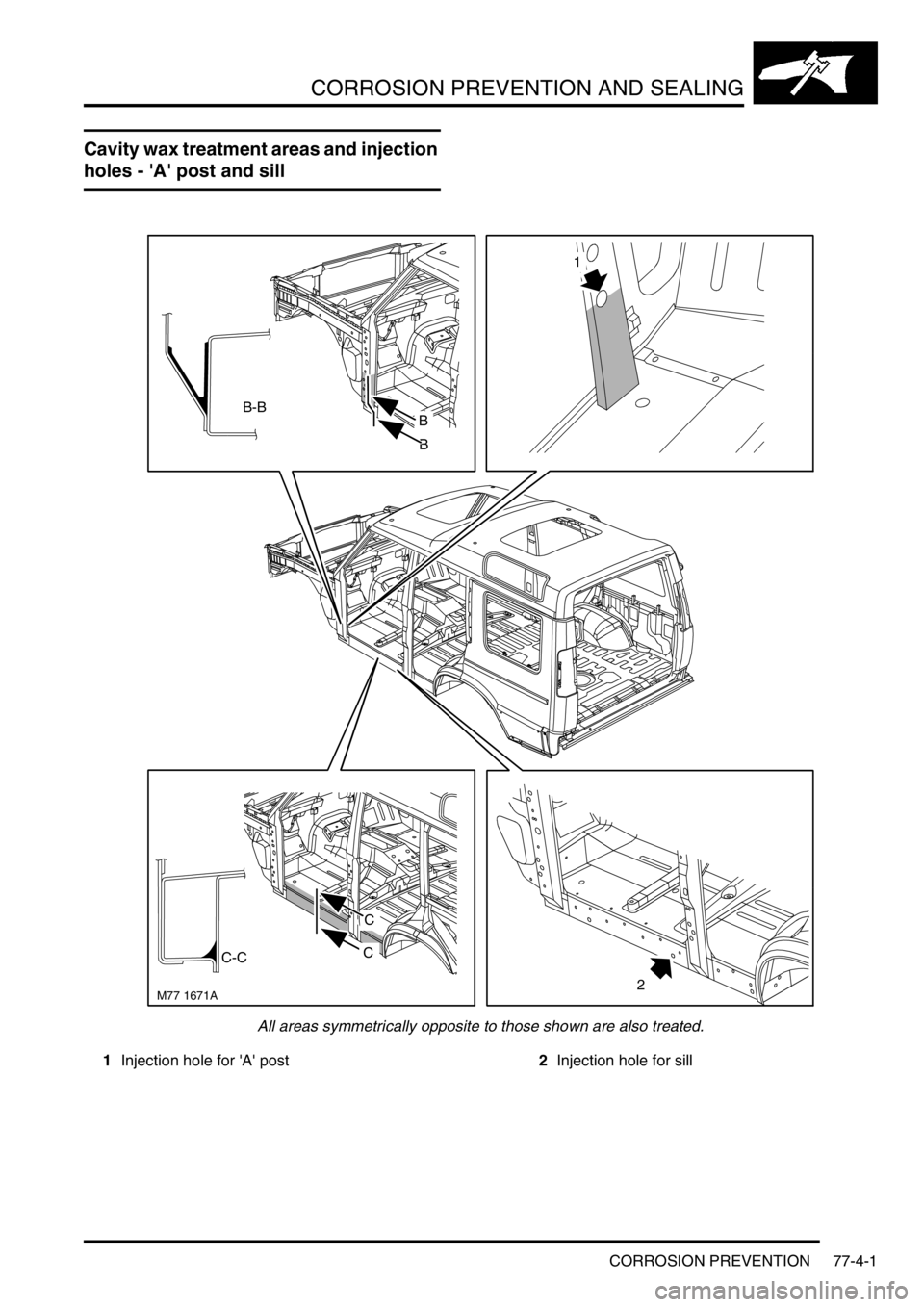 LAND ROVER DISCOVERY 1999  Workshop Manual CORROSION PREVENTION AND SEALING
CORROSION PREVENTION 77-4-1
CORROSION PREVE NTION AND SEALING CORROSION PREVE NTION
Cavity wax treatment areas and injection 
holes - A post and sill
All areas symme