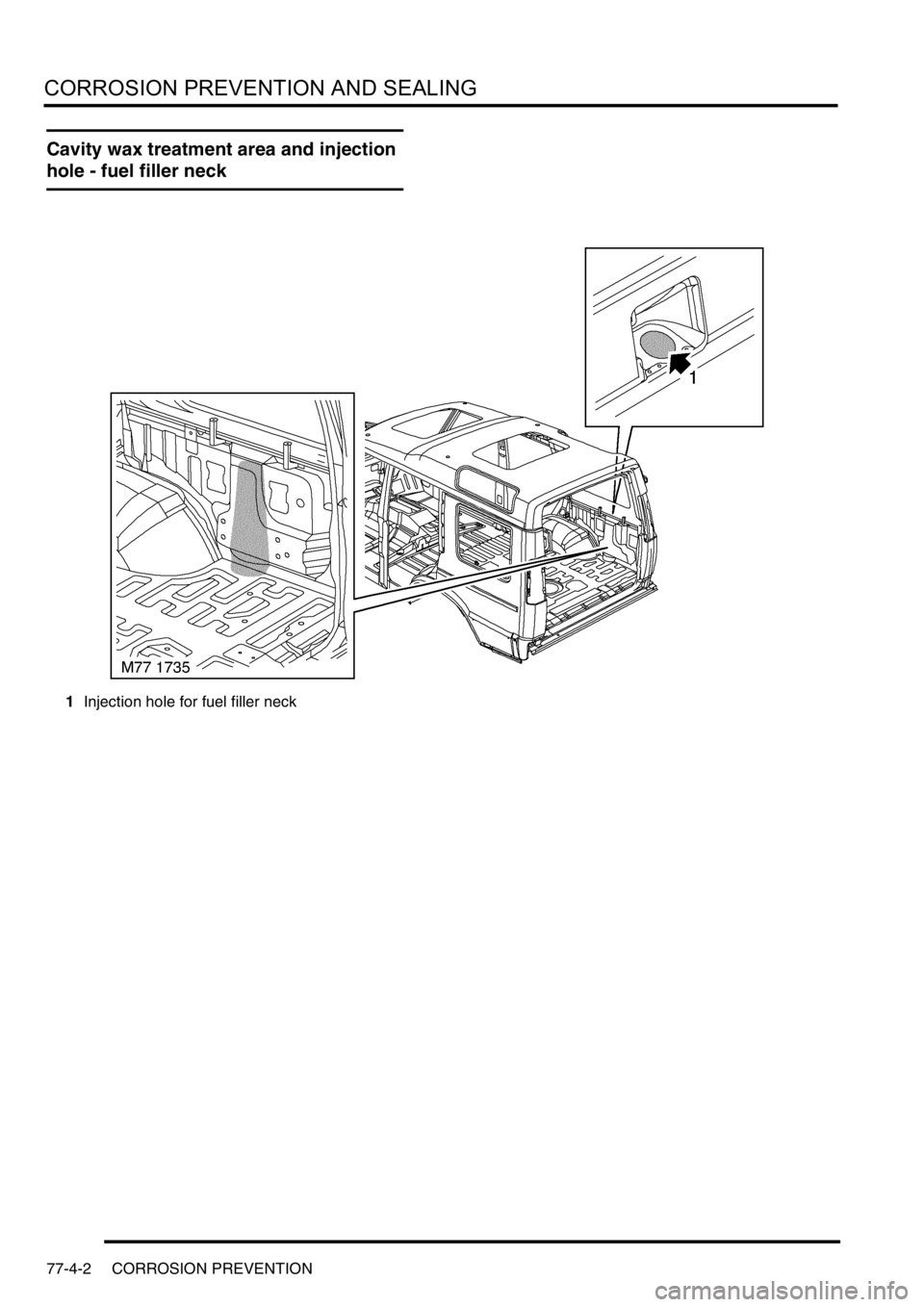 LAND ROVER DISCOVERY 1999  Workshop Manual CORROSION PREVENTION AND SEALING
77-4-2 CORROSION PREVENTION
Cavity wax treatment area and injection 
hole - fuel filler neck
1Injection hole for fuel filler neck 