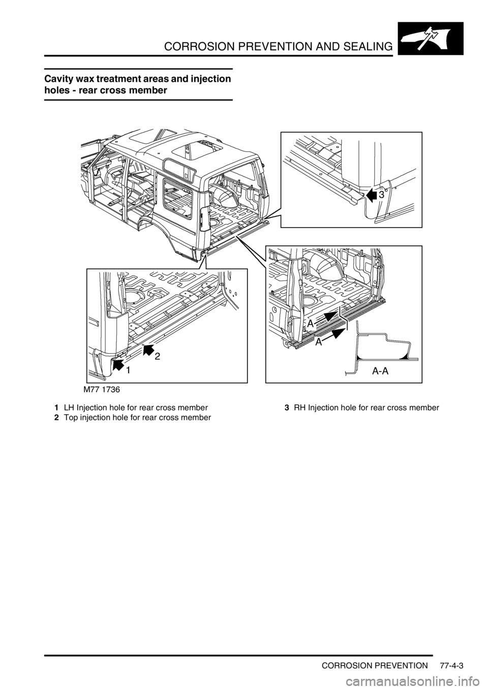 LAND ROVER DISCOVERY 1999  Workshop Manual CORROSION PREVENTION AND SEALING
CORROSION PREVENTION 77-4-3
Cavity wax treatment areas and injection 
holes - rear cross member
1LH Injection hole for rear cross member
2Top injection hole for rear c