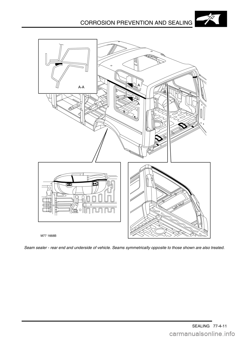 LAND ROVER DISCOVERY 1999  Workshop Manual CORROSION PREVENTION AND SEALING
SEALING 77-4-11
Seam sealer - rear end and underside of vehicle. Seams symmetrically opposite to those shown are also treated.
M77 1668B
A 
A
A-A 