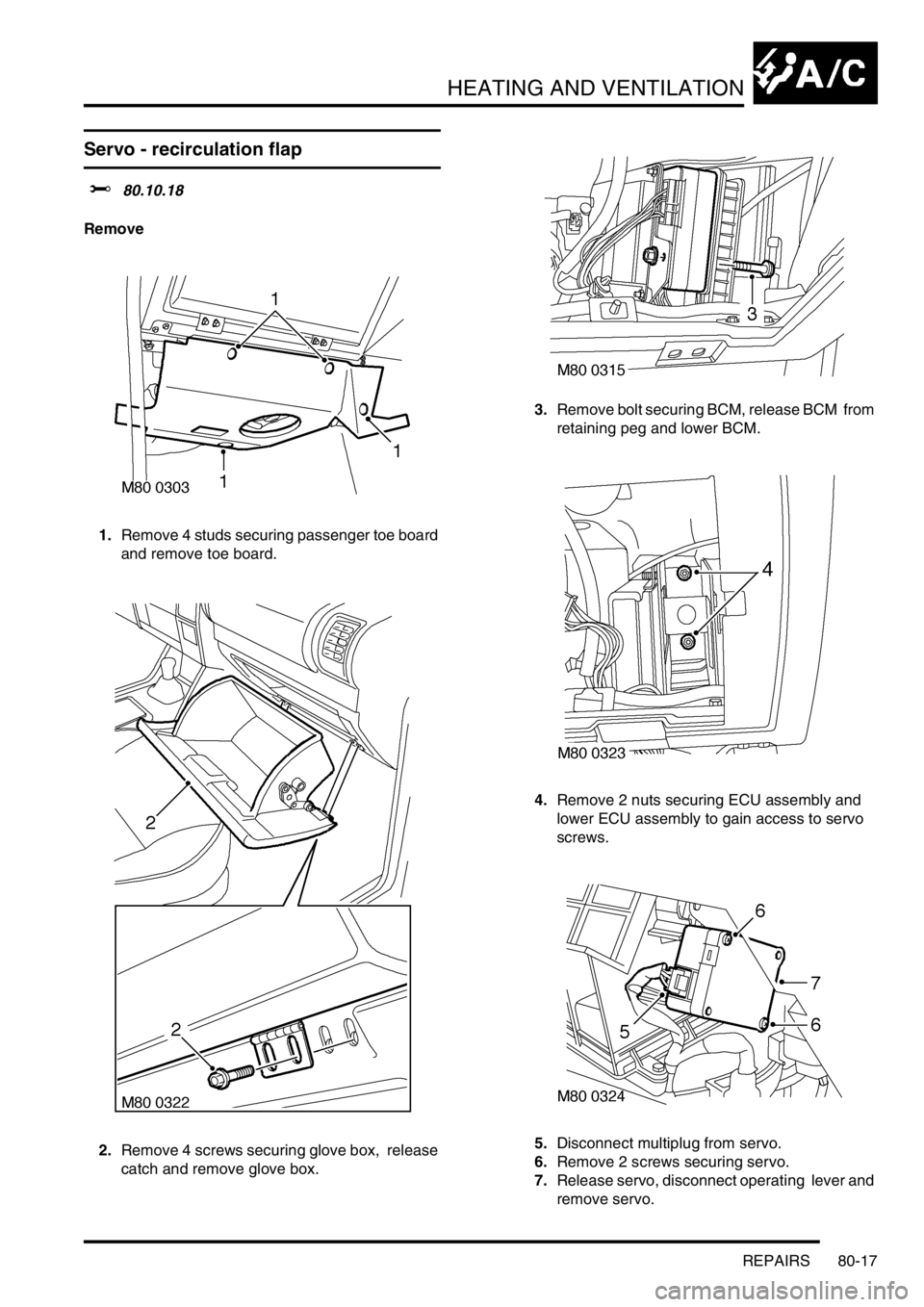 LAND ROVER DISCOVERY 1999  Workshop Manual HEATING AND VENTILATION
REPAIRS 80-17
Servo - recirculation flap  
$% 80.10.18 
Remove
1.Remove 4 studs securing passenger toe board 
and remove toe board. 
2.Remove 4 screws securing glove box,  rele