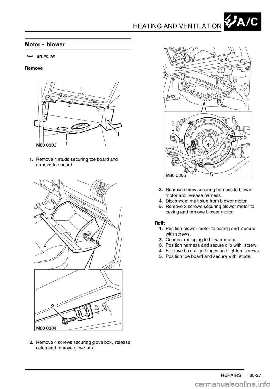 LAND ROVER DISCOVERY 1999  Workshop Manual HEATING AND VENTILATION
REPAIRS 80-27
Motor -  blower   
$% 80.20.15 
Remove
1.Remove 4 studs securing toe board and  
remove toe board. 
2.Remove 4 screws securing glove box,  release 
catch and remo