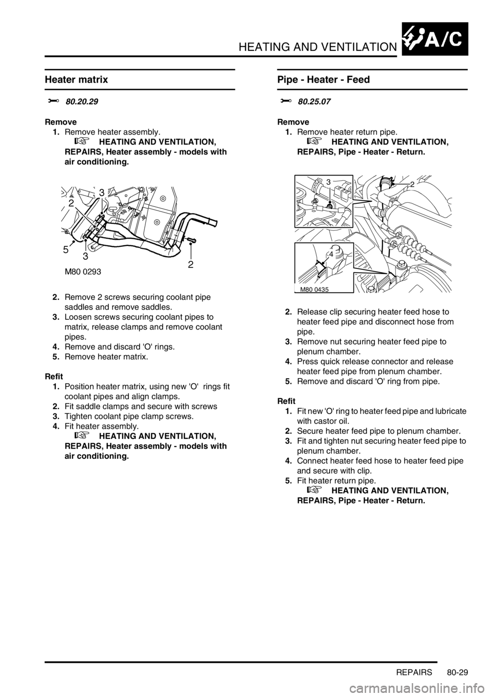 LAND ROVER DISCOVERY 1999 Workshop Manual HEATING AND VENTILATION
REPAIRS 80-29
Heater matrix
$% 80.20.29
Remove
1.Remove heater assembly.
+ HEATING AND VENTILATION,
REPAIRS, Heater assembly - models with
air conditioning.
2.Remove 2 LAND ROVER DISCOVERY 1999 Workshop Manual HEATING AND VENTILATION
REPAIRS 80-29
Heater matrix
$% 80.20.29
Remove
1.Remove heater assembly.
+ HEATING AND VENTILATION,
REPAIRS, Heater assembly - models with
air conditioning.
2.Remove 2