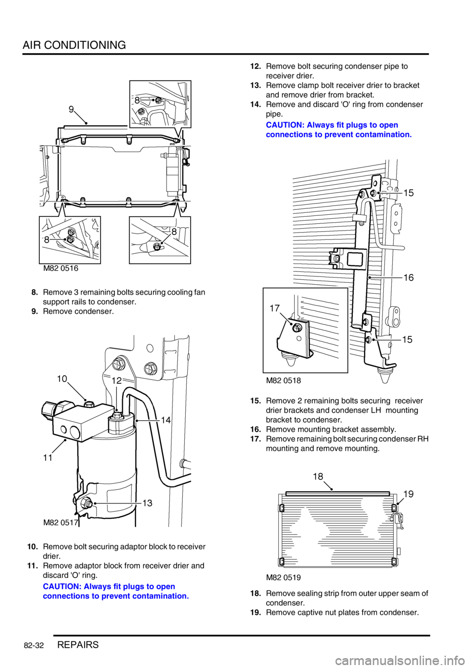 LAND ROVER DISCOVERY 1999  Workshop Manual AIR CONDITIONING
82-32REPAIRS
8.Remove 3 remaining bolts securing cooling fan 
support rails to condenser.  
9.Remove condenser. 
10.Remove bolt securing adaptor block to receiver 
drier. 
11.Remove a