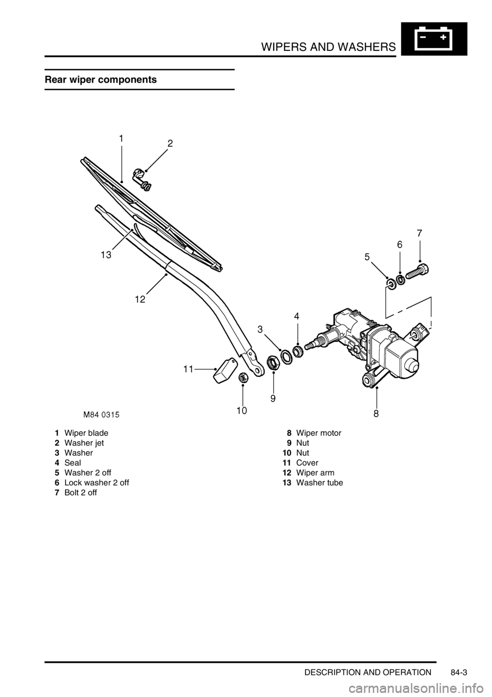 LAND ROVER DISCOVERY 1999  Workshop Manual WIPERS AND WASHERS
DESCRIPTION AND OPERATION 84-3
Rear wiper components
1Wiper blade
2Washer jet
3Washer
4Seal
5Washer 2 off
6Lock washer 2 off
7Bolt 2 off8Wiper motor
9Nut
10Nut
11Cover
12Wiper arm
1