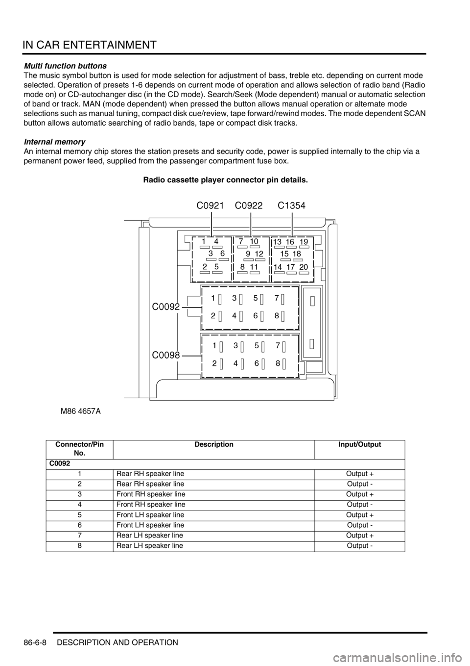 LAND ROVER DISCOVERY 1999  Workshop Manual IN CAR ENTERTAINMENT
86-6-8 DESCRIPTION AND OPERATION
Multi function buttons
The music symbol button is used for mode selection for adjustment of bass, treble etc. depending on current mode 
selected.