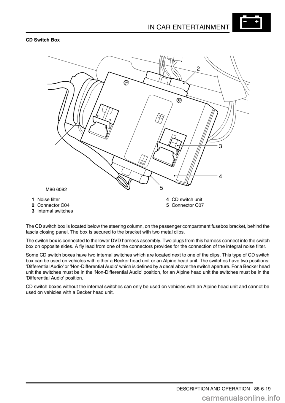 LAND ROVER DISCOVERY 1999 Workshop Manual IN CAR ENTERTAINMENT
DESCRIPTION AND OPERATION 86-6-19
CD Switch Box
1Noise filter
2Connector C04
3Internal switches4CD switch unit
5Connector C07
The CD switch box is located below the steering colum LAND ROVER DISCOVERY 1999 Workshop Manual IN CAR ENTERTAINMENT
DESCRIPTION AND OPERATION 86-6-19
CD Switch Box
1Noise filter
2Connector C04
3Internal switches4CD switch unit
5Connector C07
The CD switch box is located below the steering colum