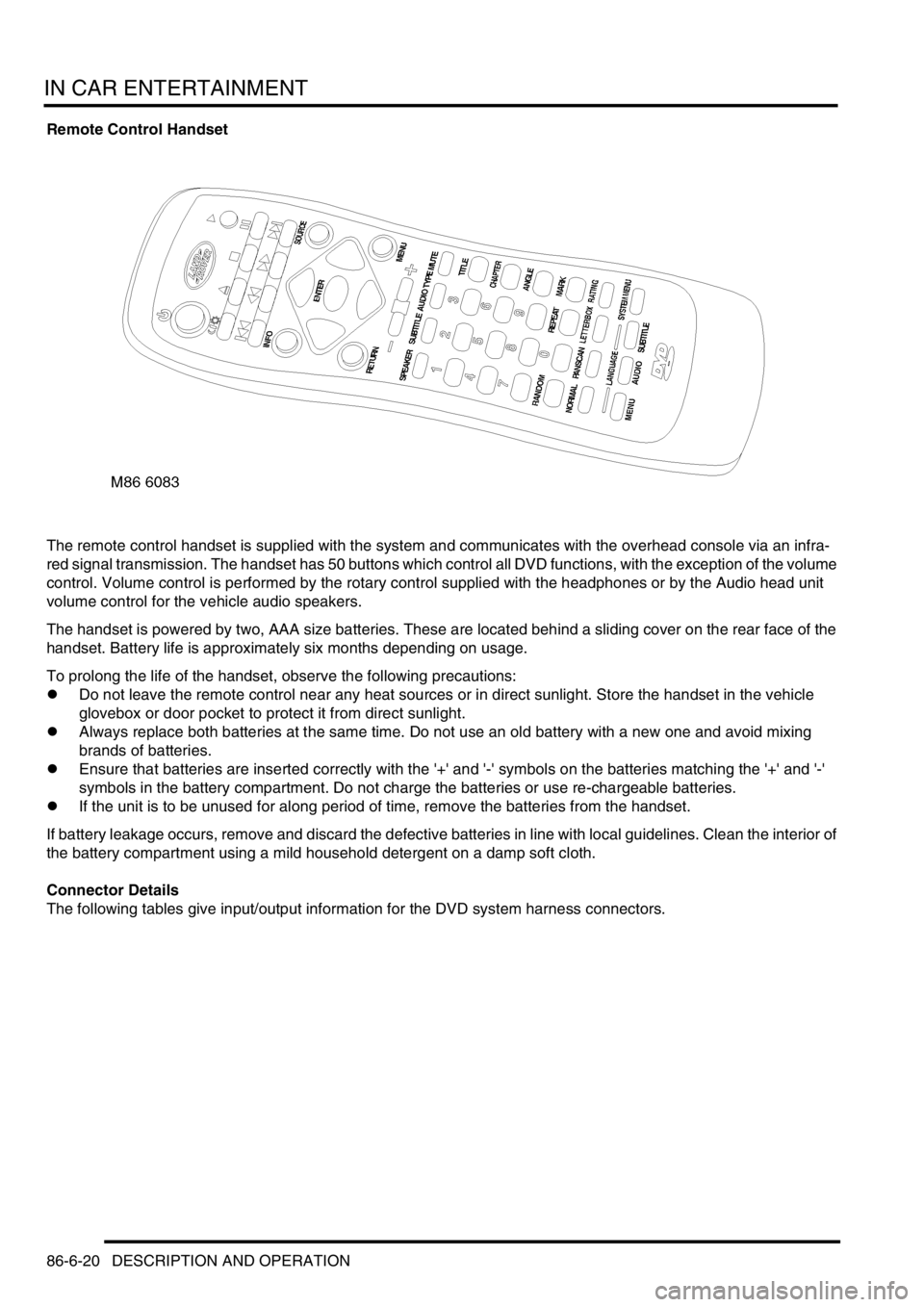 LAND ROVER DISCOVERY 1999  Workshop Manual IN CAR ENTERTAINMENT
86-6-20 DESCRIPTION AND OPERATION
Remote Control Handset
The remote control handset is supplied with the system and communicates with the overhead console via an infra-
red signal