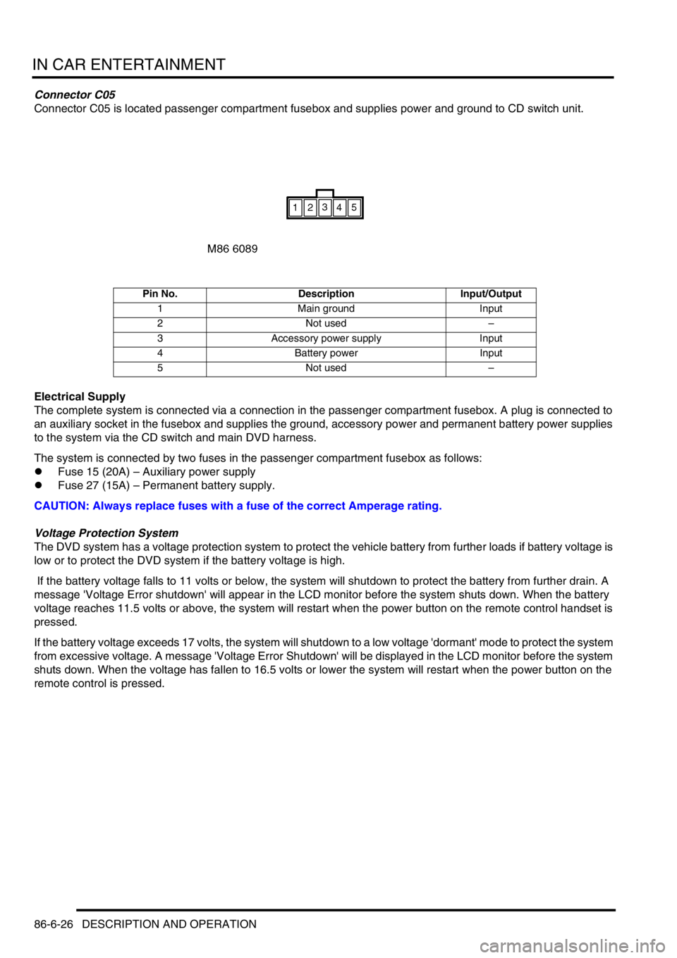LAND ROVER DISCOVERY 1999  Workshop Manual IN CAR ENTERTAINMENT
86-6-26 DESCRIPTION AND OPERATION
Connector C05
Connector C05 is located passenger compartment fusebox and supplies power and ground to CD switch unit.
Electrical Supply
The compl