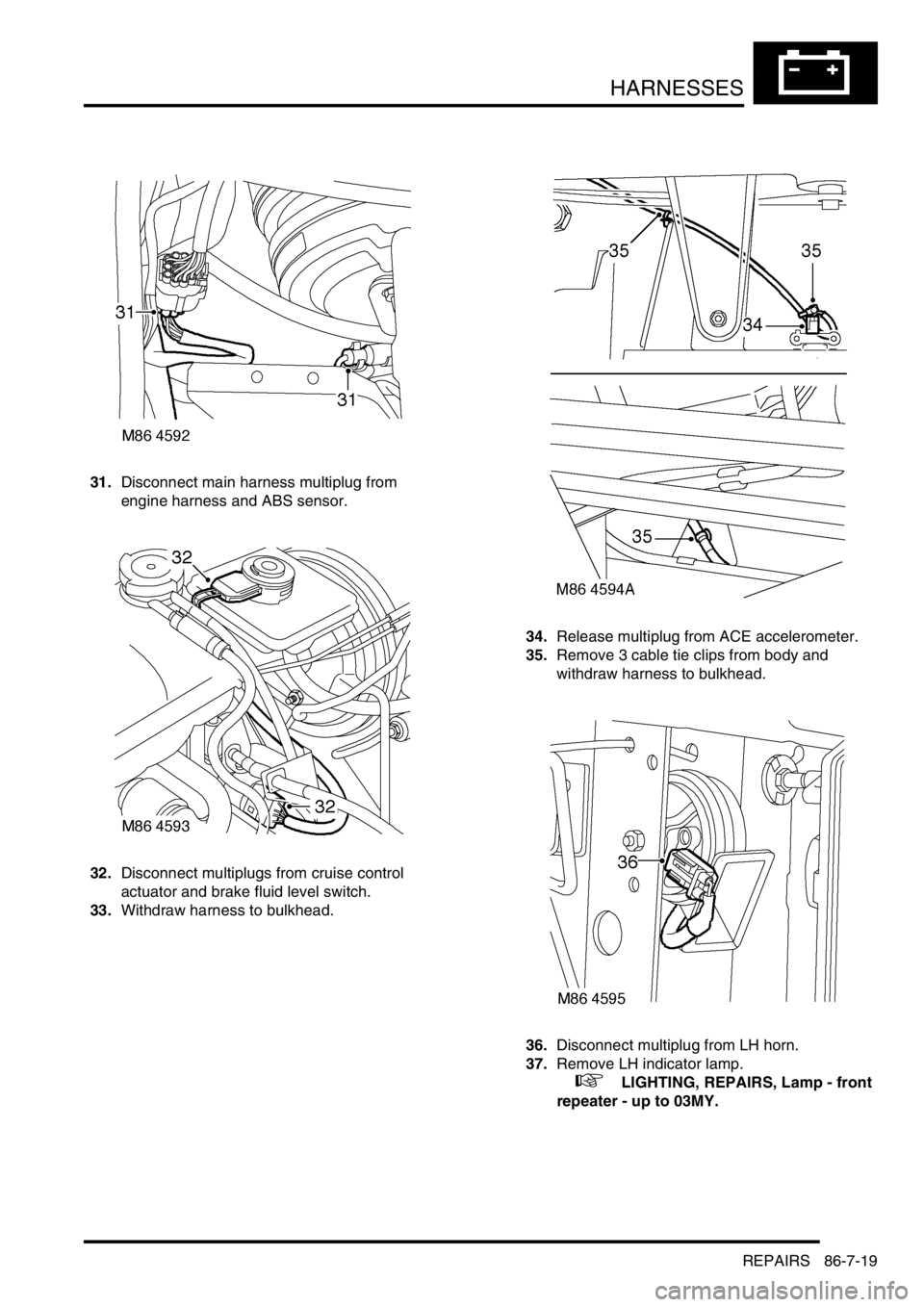 LAND ROVER DISCOVERY 1999  Workshop Manual HARNESSES
REPAIRS 86-7-19
31.Disconnect main harness multiplug from 
engine harness and ABS sensor.
32.Disconnect multiplugs from cruise control 
actuator and brake fluid level switch. 
33.Withdraw ha