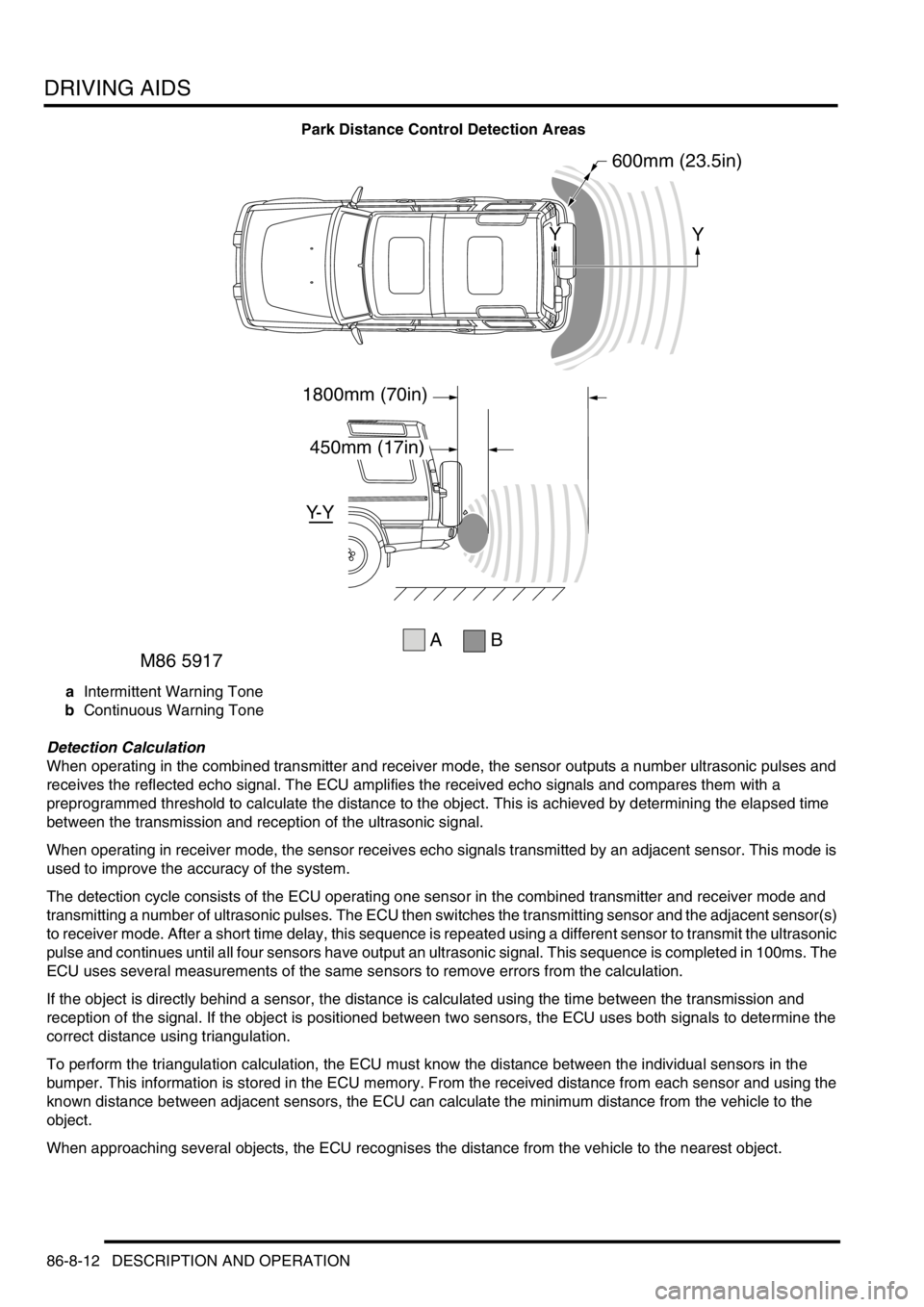 LAND ROVER DISCOVERY 1999  Workshop Manual DRIVING AIDS
86-8-12 DESCRIPTION AND OPERATION
Park Distance Control Detection Areas
aIntermittent Warning Tone
bContinuous Warning Tone
Detection Calculation
When operating in the combined transmitte